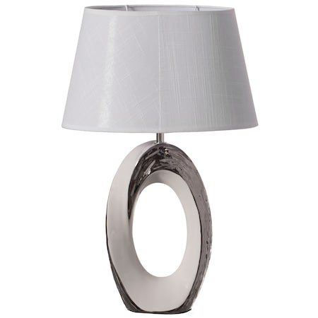 Quickway Imports Designer Table Lamps, Decorative Ceramic Table Lamp 19 inch, with Silver and White Oval Stand and White Cotton Lampshade, Unique Lamp for Home Decor Living Room or Bedroom,